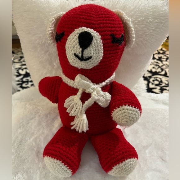 Handmade Crocheted Knit Vintage Red Teddy Bear White Scarf Nursery Decor Baby - Picture 1 of 8